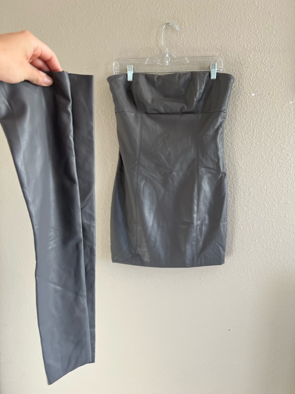 Gray Faux Leather Strapless Mini Dress